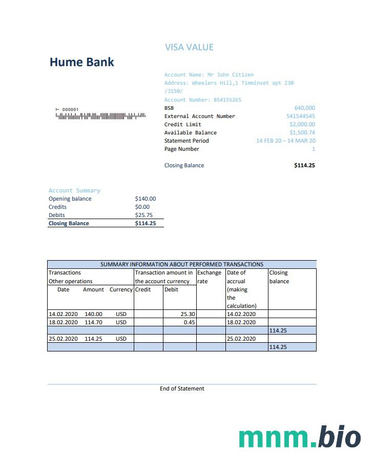 Australia Heritage bank wyciąg 2 strony